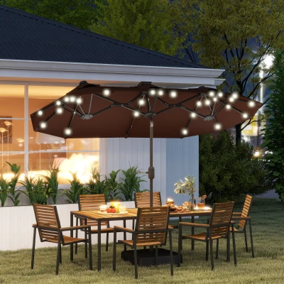Outsunny Double-Sided Patio Umbrella with Solar Lights & Base, Coffee