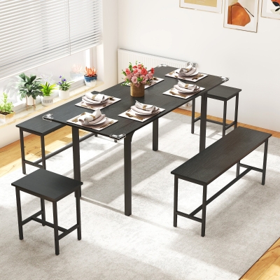 HOMCOM Extendable Dining Table Set, 5-Piece Dining Set for 4-6 with 2 Benches and 2 Stools for Small Spaces, Black