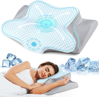 Ergonomic Memory Foam Neck Pillow with Breathable Pillowcase, Blue