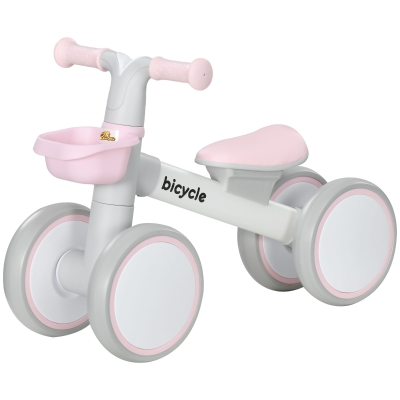 Qaba Toddler Balance Bike for 12–36 Months with Adjustable Seat, Removable Basket, 4 Silent Wheels, Pink