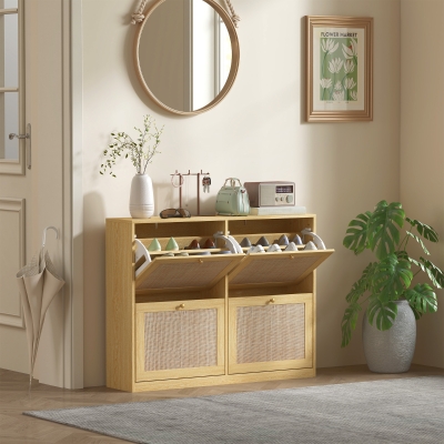 HOMCOM Narrow Shoe Storage Cabinet, Rattan Shoe Cabinet with 4 Flip Drawers and Adjustable Shelves for 20 Pairs, Oak