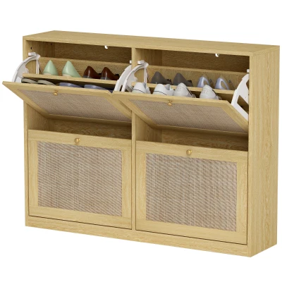 HOMCOM Narrow Shoe Storage Cabinet, Rattan Shoe Cabinet with 4 Flip Drawers and Adjustable Shelves for 20 Pairs, Oak