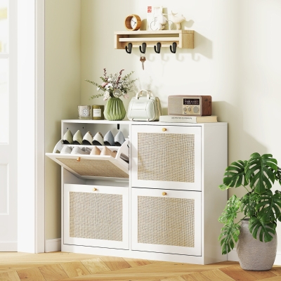 HOMCOM Narrow Shoe Storage Cabinet, Rattan Shoe Cabinet with 4 Flip Drawers and Adjustable Shelves for 20 Pairs, White