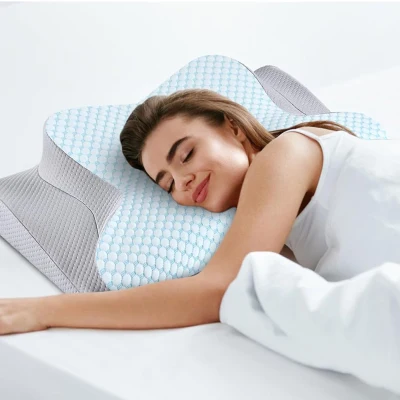 Ergonomic Memory Foam Neck Pillow with Breathable Pillowcase, Blue
