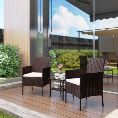 Outsunny Wicker Bistro Set, 3 Piece Patio Furniture Set with 2-Tier Glass Top Table, Cushions for Balcony, Porch, Beige