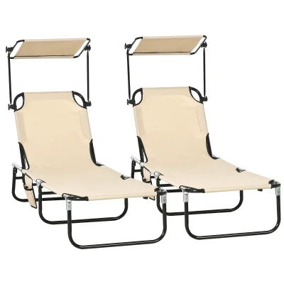 Outsunny 2 Piece Folding Outdoor Chaise Lounges, Pool, Sun, Tanning Chairs with Reclining Back, Sunshade for Beach, Patio, Tan