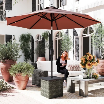 Outsunny Wicker Outdoor Side Table with Umbrella Hole & Storage, Gray