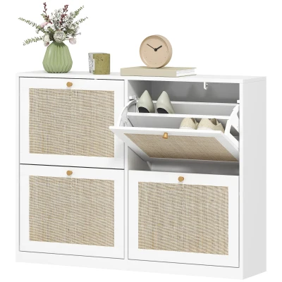 HOMCOM Narrow Shoe Storage Cabinet, Rattan Shoe Cabinet with 4 Flip Drawers and Adjustable Shelves for 20 Pairs, White