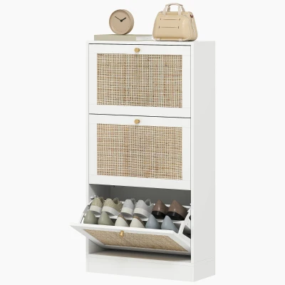 HOMCOM Rattan Shoe Storage Cabinet with 3 Flip Drawers and Adjustable Shelves, Entryway Shoe Cabinet for 18 Pairs, White