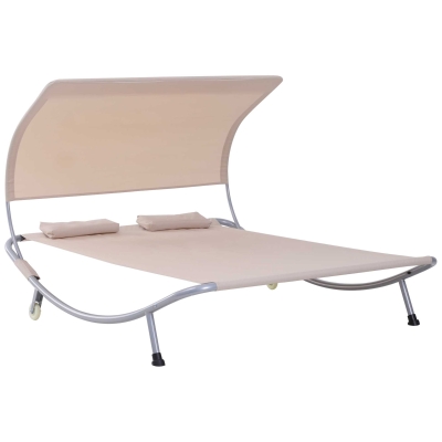 Outsunny 79" Outdoor Lounge Chair with Canopy, Double Chaise Lounger Hammock Bed w/ Pillow and Wheels, Sand