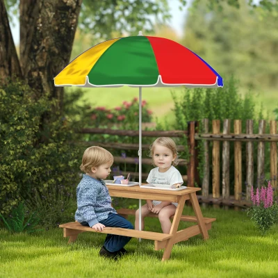 Qaba Wooden Kids Picnic Table with Umbrella, Mixed Color