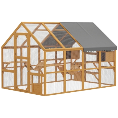 PawHut Wooden Outdoor Catio Cat House with Cover & Platforms, Yellow