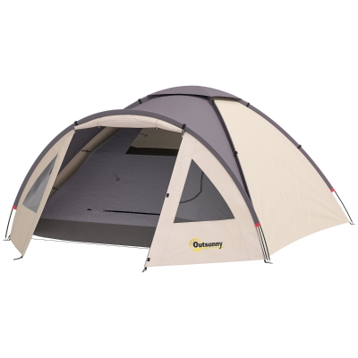 Outsunny 3 Person Camping Tent, Waterproof Family Dome Tent with Bedroom, Porch, Sewn-in Groundsheet and Hook, Khaki