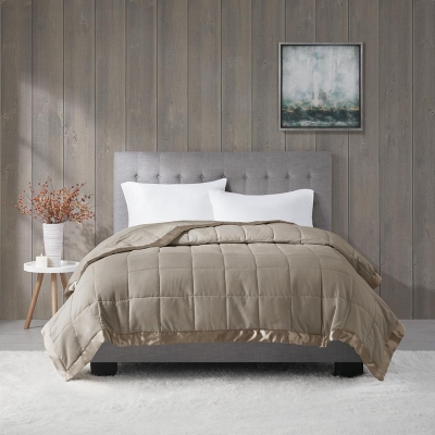 Twin Size Lightweight Down Alternative Blanket with Satin Trim Design, Brown