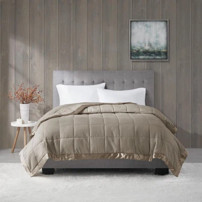 Twin Size Lightweight Down Alternative Blanket with Satin Trim Design, Brown