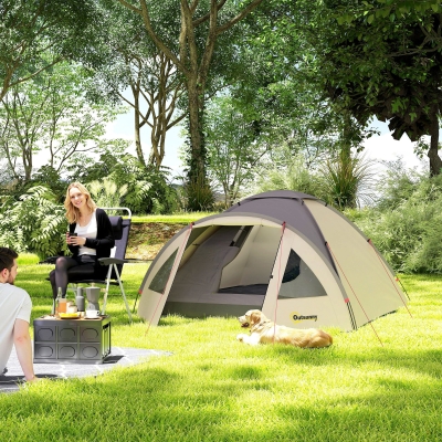 Outsunny 3 Person Camping Tent, Waterproof Family Dome Tent with Bedroom, Porch, Sewn-in Groundsheet and Hook, Khaki
