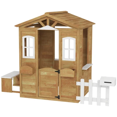 Outsunny Wooden Kids Playhouse with Door Windows Mailbox Flower Pot Holder Serving Station Bench Yellow