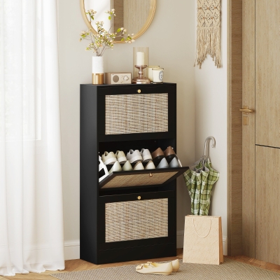 HOMCOM Rattan Shoe Storage Cabinet with 3 Flip Drawers and Adjustable Shelves, Entryway Shoe Cabinet for 18 Pairs, Black