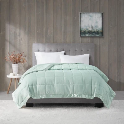 Twin Size Lightweight Down Alternative Blanket with Satin Trim, Seafoam