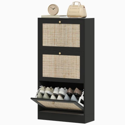 HOMCOM Rattan Shoe Storage Cabinet with 3 Flip Drawers and Adjustable Shelves, Entryway Shoe Cabinet for 18 Pairs, Black