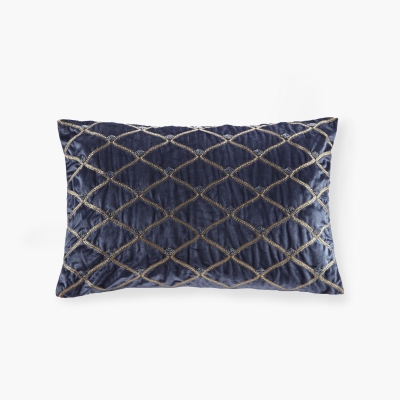Oblong Decor Pillow with Hand-Beaded Velvet Cover, Navy