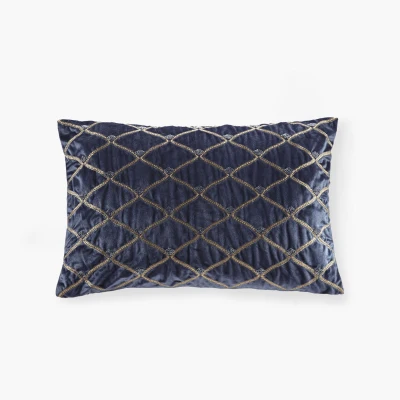 Oblong Decor Pillow with Hand-Beaded Velvet Cover, Navy