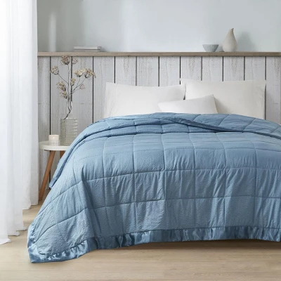 Machine Washable Down Alternative Blanket with Satin Trim, Blue