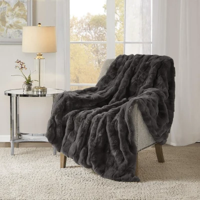 Luxurious Faux Fur Throw Blanket with Crystal Velvet Reverse, Grey