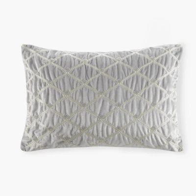 Luxurious Oblong Decor Pillow with Hand-Beaded Velvet Cover, Silver