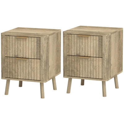HOMCOM Night Stands Set of 2, Nightstands with Finger Pulls and Fluted Drawers, Bedside Tables with Round Edges, Oak
