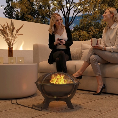 Outsunny Outdoor Round Fire Pit with Lid, Wood Burning Firepit for Outside with Fire Poker, Portable Fireplace for Bonfire, Black