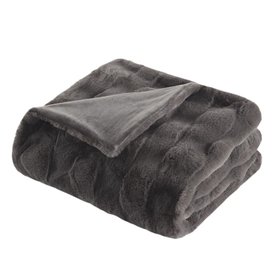 Luxurious Faux Fur Throw Blanket with Crystal Velvet Reverse, Grey