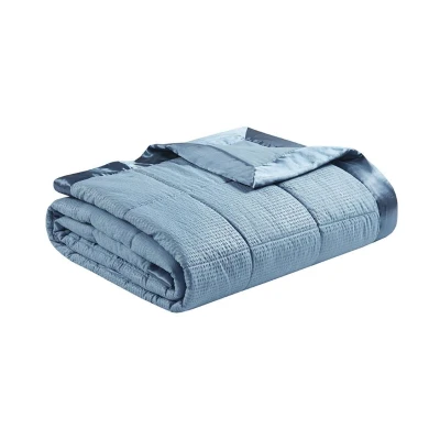 Machine Washable Down Alternative Blanket with Satin Trim, Blue