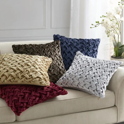 Velvet Ruched Square Decor Pillow with Removable Goose Feather Insert, Silver