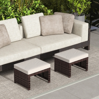 Outsunny 2 Pieces Wicker Outdoor Ottomans with Removable Cushions, Rattan Outdoor Seating, Footrest and Side Table, Khaki