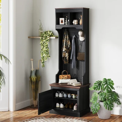 HOMCOM 3-in-1 Hall Tree Coat Rack with Bench & Shoe Storage, Black
