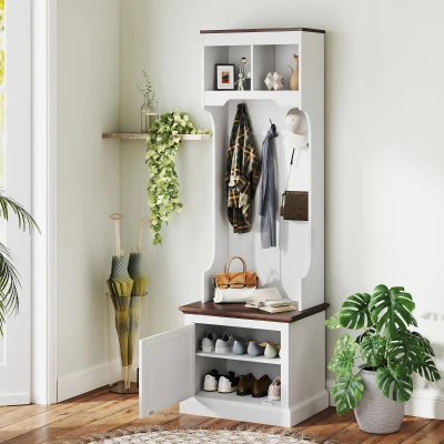 HOMCOM 3-in-1 Hall Tree Coat Rack with Bench & Shoe Storage, White