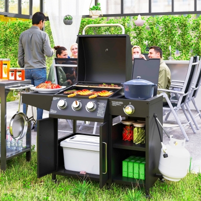 Outsunny 3 Burner Gas Grill with Side Burner, 9.5 KW Propane BBQ Grill, Cabinet Style with Shelves, Wheels, Instant Ignition