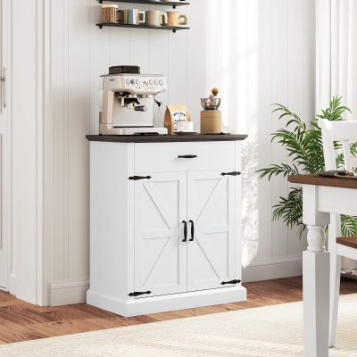 HOMCOM 30" Buffet Cabinet, Farmhouse Sideboard with 1.2" Thick Top, 2 Barn Doors, Drawer and Adjustable Shelf, White