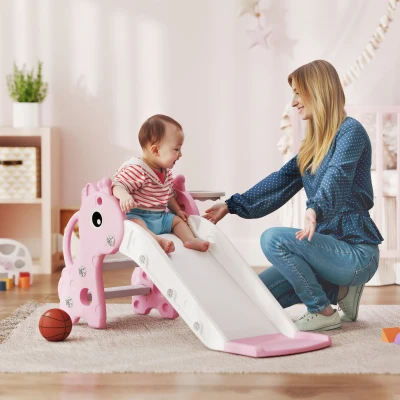 Qaba 3-in-1 Toddler Slide with Climber & Basketball Hoop, Pink