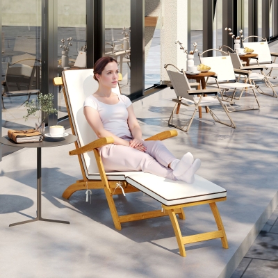 Outsunny Folding Patio Lounge Chair with Padded Cushion, Acacia Wood Patio Lounger Recliner with Footrest for Garden, White