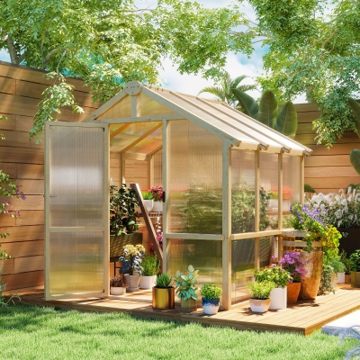 Outsunny 6.6 x 6ft Polycarbonate Greenhouse Wooden Green House with Thickened Polycarbonate Sheets, Lockable Door, Brown