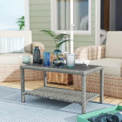 Outsunny 35" Outdoor Wicker Coffee Table with Glass Top, Storage Shelf for Garden Porch Balcony Deck, Dark Grey