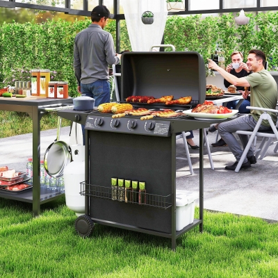 Outsunny 4+1 Burner Propane Gas BBQ Grill, Portable Gas Barbecue Grill with Side Burner, Thermometer, Lid, Side Table, Shelf, Spice Rack, Wheels, Grease Cup for Garden, Black