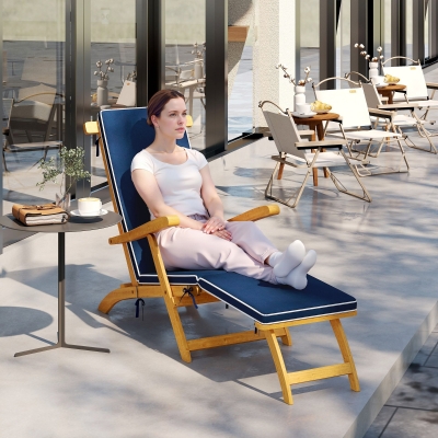 Outsunny Folding Patio Lounge Chair with Padded Cushion, Acacia Wood Patio Lounger Recliner with Footrest for Garden, Navy Blue