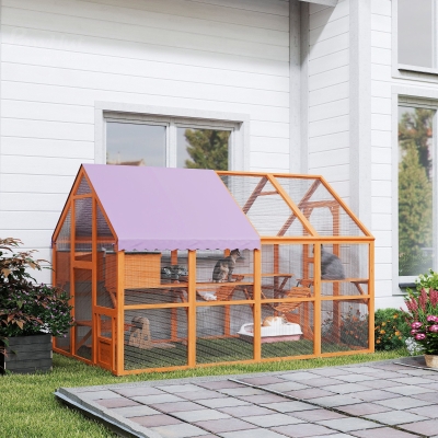 PawHut Outdoor Cat Enclosure Wooden Feral Cat House w/ Weatherproof Canopy, Bridges, Resting Boxes, Platforms, for 3-6 Cats