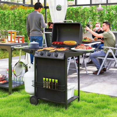 Outsunny 3+1 Burner Propane Gas BBQ Grill, Portable Gas Barbecue Grill with Side Burner, Thermometer, Lid, Side Table, Shelf, Spice Rack, Wheels, Grease Cup for Garden, Black