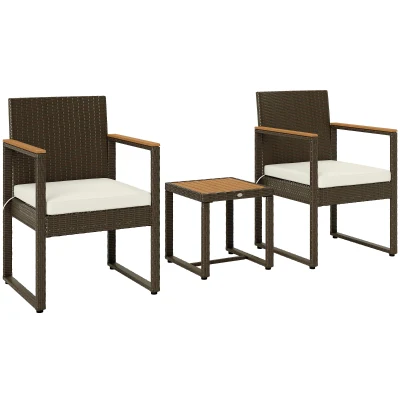 Outsunny 3 Pieces Wicker Patio Furniture Set, Rattan Bistro Set w/ Acacia Wood Table & Removable Cushions, White