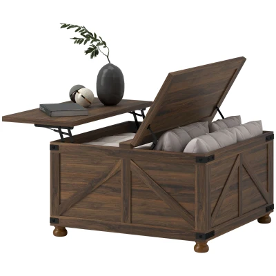 HOMCOM Coffee Table with Lift Top, 32" Farmhouse Center Table with Hidden Compartment for Living Room, Brown Wood Grain