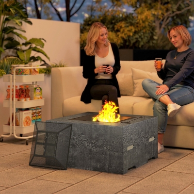 Outsunny Fire Pit with Fire Poker, Wood Burning Firepit for Outside with Mesh Lid, Magnesium Oxide Stone Texture, Charcoal Grey